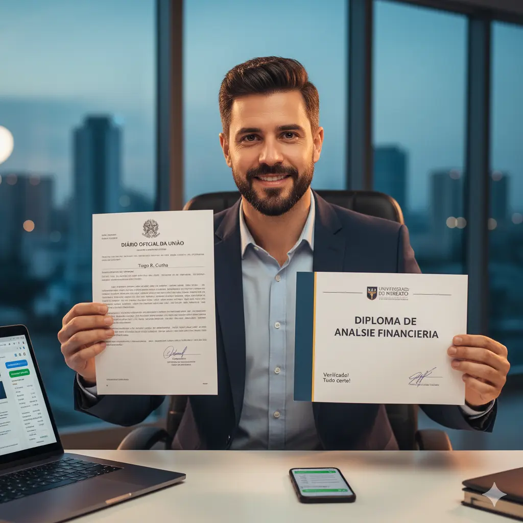 Depoimento do cliente Tiago R., analista financeiro que verificou o diploma no Diário Oficial.